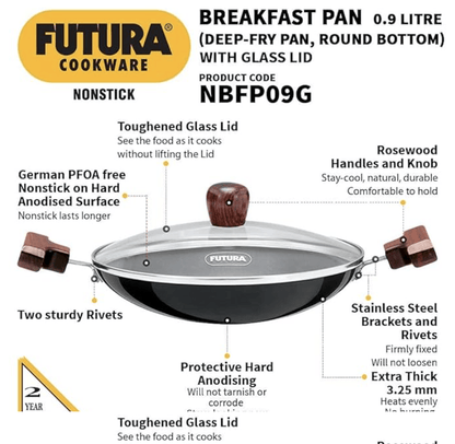 Hawkins FUTURA 0.9 Litre Breakfast Pan with Glass Lid, Nonstick Cookware, Appachatty, Chetty Pan, Appam Patra, Round Bottom Kadai, Black (NBFP09G) - 217 mm