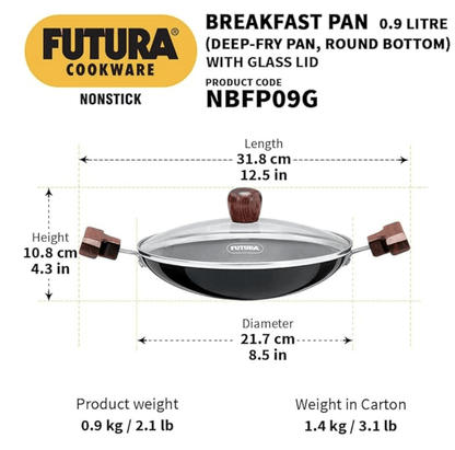 Hawkins FUTURA 0.9 Litre Breakfast Pan with Glass Lid, Nonstick Cookware, Appachatty, Chetty Pan, Appam Patra, Round Bottom Kadai, Black (NBFP09G) - 217 mm