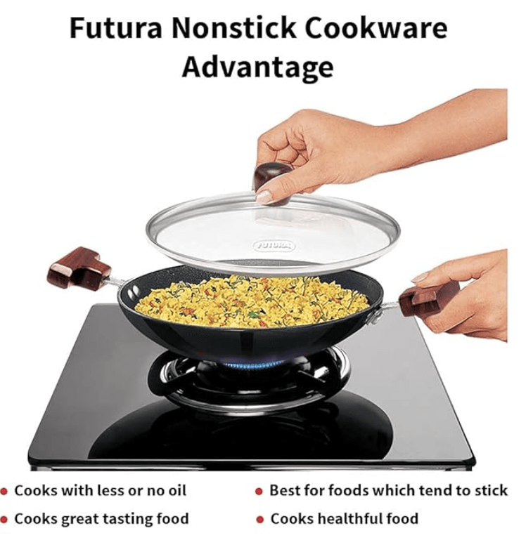 Hawkins FUTURA 0.9 Litre Breakfast Pan with Glass Lid, Nonstick Cookware, Appachatty, Chetty Pan, Appam Patra, Round Bottom Kadai, Black (NBFP09G) - 217 mm
