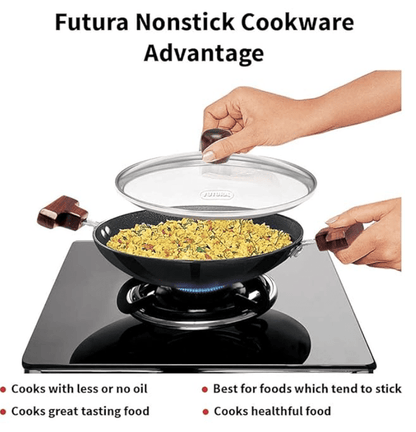 Hawkins FUTURA 0.9 Litre Breakfast Pan with Glass Lid, Nonstick Cookware, Appachatty, Chetty Pan, Appam Patra, Round Bottom Kadai, Black (NBFP09G) - 217 mm