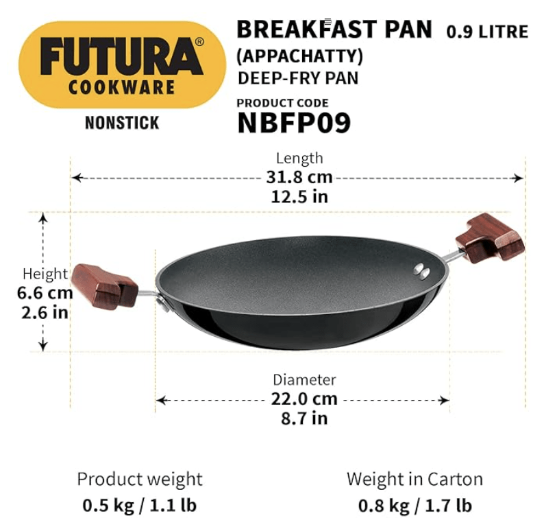 Hawkins Futura Nonstick Breakfast Pan (Appachatty) 0.9 L, 22 cm, 3.25 mm with SS Lid (Black)