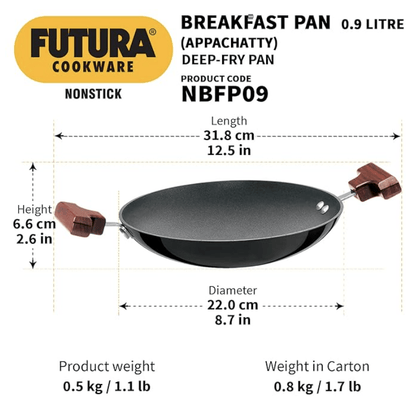 Hawkins Futura Nonstick Breakfast Pan (Appachatty) 0.9 L, 22 cm, 3.25 mm with SS Lid (Black)