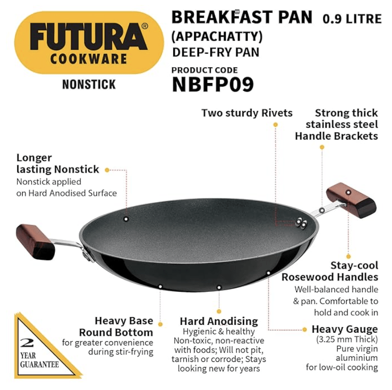 Hawkins Futura Nonstick Breakfast Pan (Appachatty) 0.9 L, 22 cm, 3.25 mm with SS Lid (Black)
