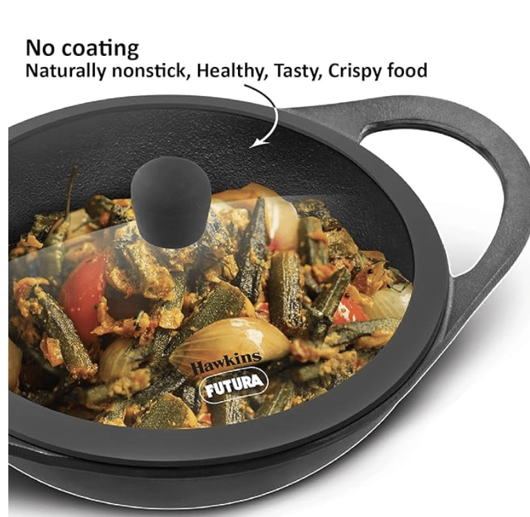 Hawkins Futura 2 Litre Cast Iron Kadhai, Naturally Nonstick Cast Iron Kadai with Glass Lid, Cast Iron Cookware for Kitchen, Black (CIK20G)