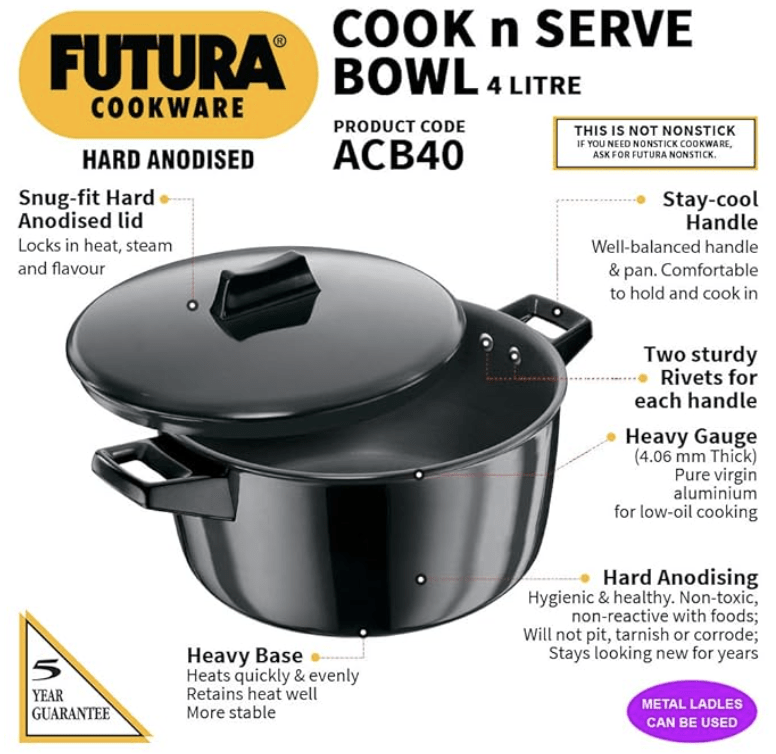 Hawkins Futura 4 Litre Cook n Serve Bowl, Hard Anodised Saucepan with Hard Anodised Lid, Sauce Pan for Cooking and Serving, Black (ACB40)
