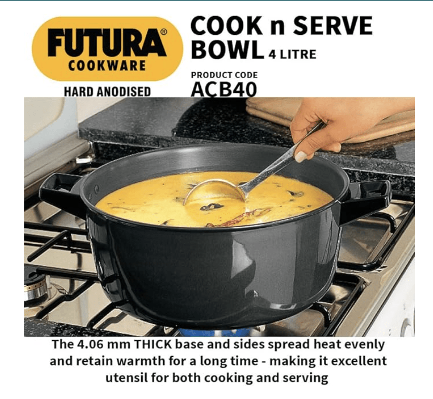 Hawkins Futura 4 Litre Cook n Serve Bowl, Hard Anodised Saucepan with Hard Anodised Lid, Sauce Pan for Cooking and Serving, Black (ACB40)