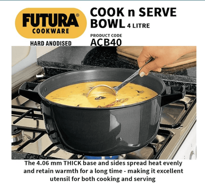 Hawkins Futura 4 Litre Cook n Serve Bowl, Hard Anodised Saucepan with Hard Anodised Lid, Sauce Pan for Cooking and Serving, Black (ACB40)