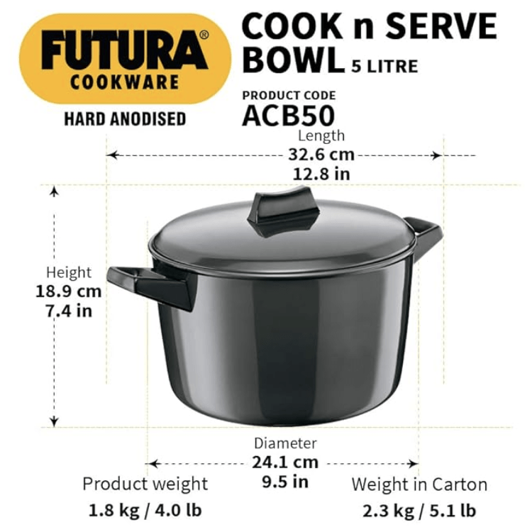 Hawkins Futura Hard Anodised Cook-n-Serve Bowl 5 L, 23 cm, 4.06 mm, Aluminium, Black
