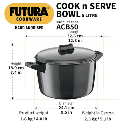 Hawkins Futura Hard Anodised Cook-n-Serve Bowl 5 L, 23 cm, 4.06 mm, Aluminium, Black