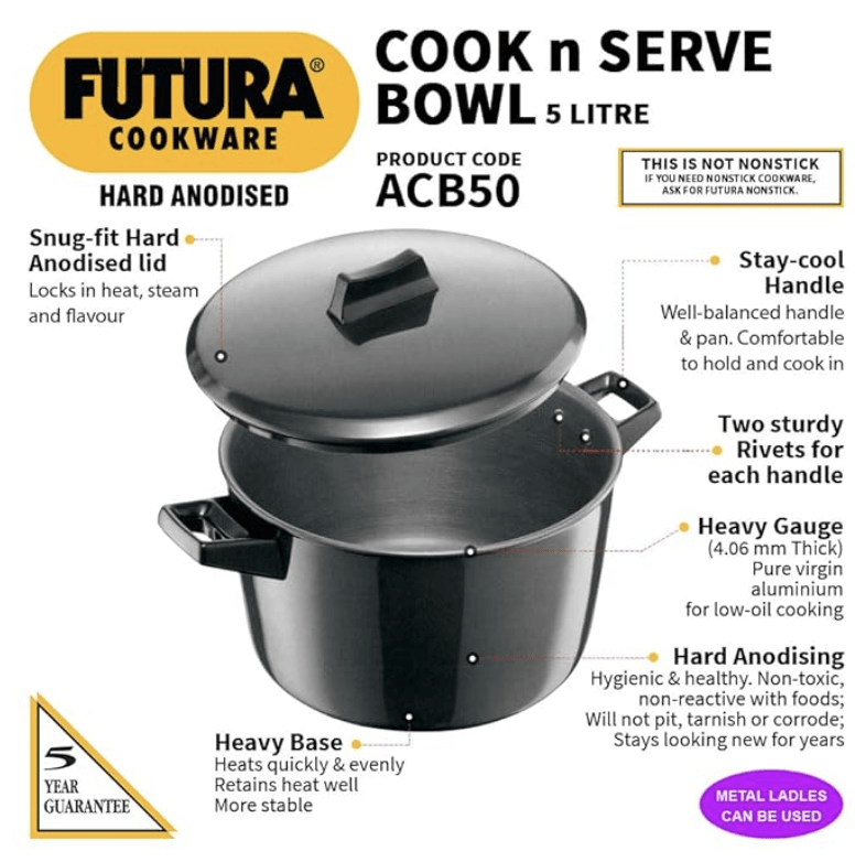 Hawkins Futura Hard Anodised Cook-n-Serve Bowl 5 L, 23 cm, 4.06 mm, Aluminium, Black