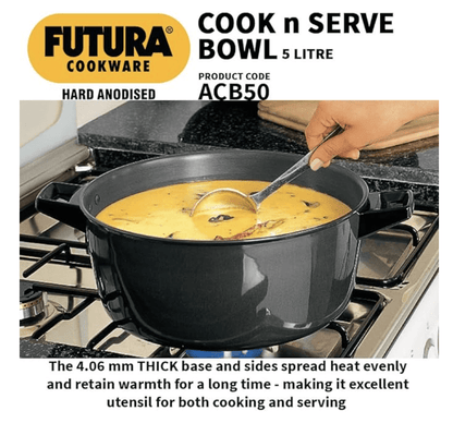 Hawkins Futura Hard Anodised Cook-n-Serve Bowl 5 L, 23 cm, 4.06 mm, Aluminium, Black