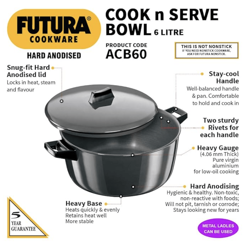 Hawkins Futura 6 Litre Cook n Serve Bowl, Hard Anodised Saucepan with Hard Anodised Lid, Sauce Pan for Cooking and Serving, Black (ACB60) (Aluminium) Visit the Hawkins Store