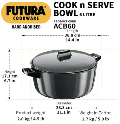 Hawkins Futura 6 Litre Cook n Serve Bowl, Hard Anodised Saucepan with Hard Anodised Lid, Sauce Pan for Cooking and Serving, Black (ACB60) (Aluminium) Visit the Hawkins Store