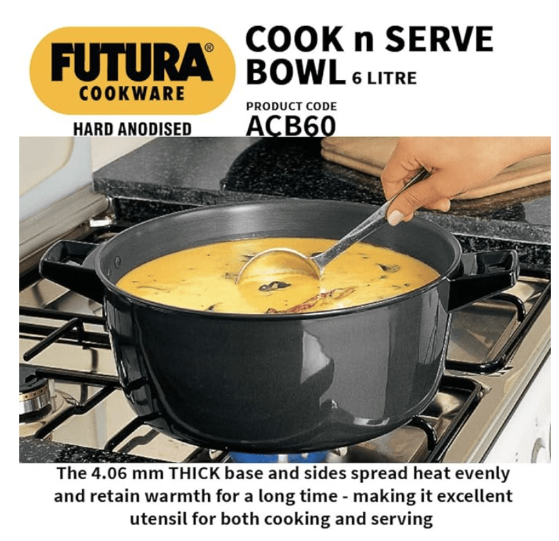 Hawkins Futura 6 Litre Cook n Serve Bowl, Hard Anodised Saucepan with Hard Anodised Lid, Sauce Pan for Cooking and Serving, Black (ACB60) (Aluminium) Visit the Hawkins Store