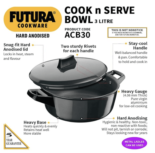 Hawkins Futura 3 Litre Cook n Serve Bowl, Hard Anodised Saucepan with Hard Anodised Lid, Sauce Pan for Cooking and Serving, Black (ACB30) (Aluminium)