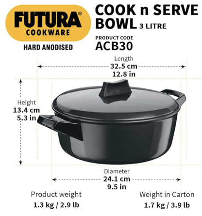 Hawkins Futura 3 Litre Cook n Serve Bowl, Hard Anodised Saucepan with Hard Anodised Lid, Sauce Pan for Cooking and Serving, Black (ACB30) (Aluminium)
