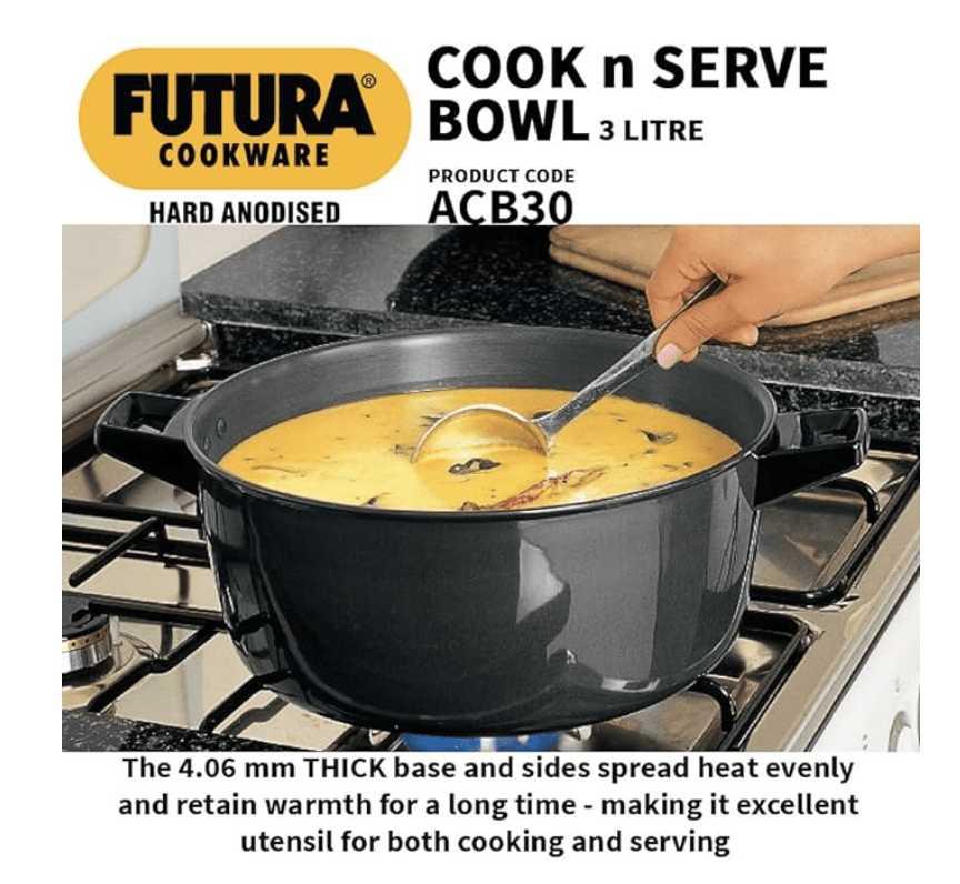 Hawkins Futura 3 Litre Cook n Serve Bowl, Hard Anodised Saucepan with Hard Anodised Lid, Sauce Pan for Cooking and Serving, Black (ACB30) (Aluminium)