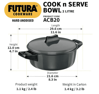 Hawkins Futura 2 Litre Cook n Serve Bowl, Hard Anodised Saucepan with Hard Anodised Lid, Sauce Pan for Cooking and Serving, Black (ACB20), Aluminium