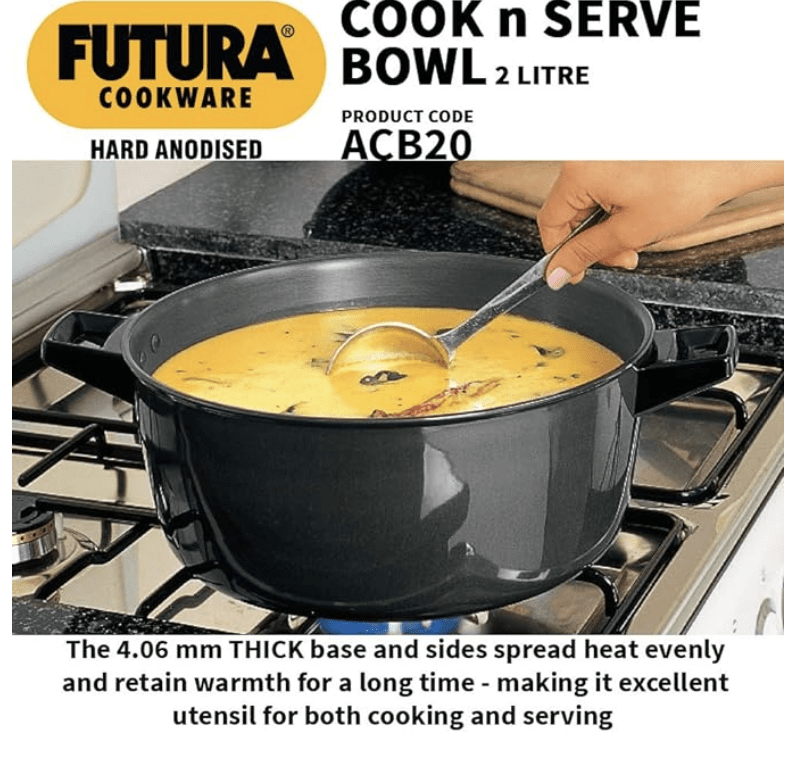 Hawkins Futura 2 Litre Cook n Serve Bowl, Hard Anodised Saucepan with Hard Anodised Lid, Sauce Pan for Cooking and Serving, Black (ACB20), Aluminium