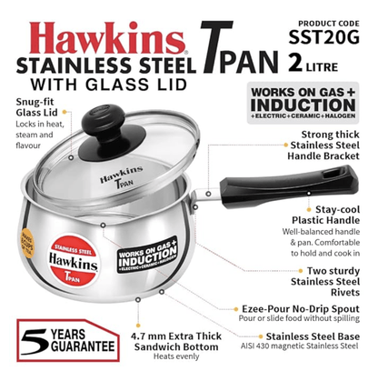 Hawkins 2 Litre Tpan, Stainless Steel Tea Pan with Glass Lid, Induction Sauce Pan, Chai Pan, Saucepan, Silver (SST20G)