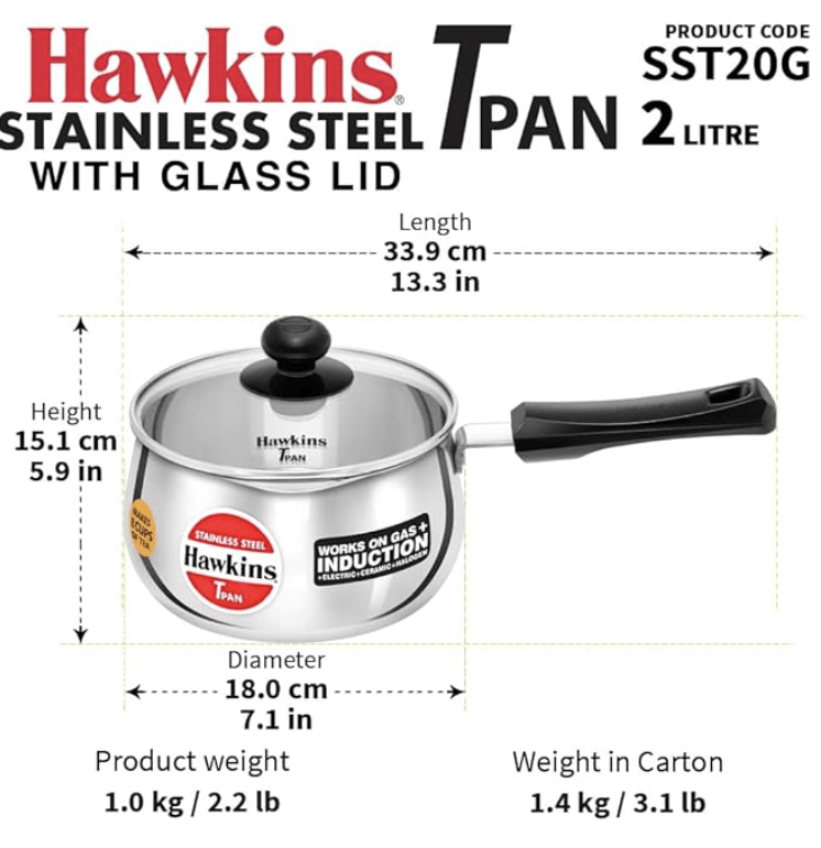 Hawkins 2 Litre Tpan, Stainless Steel Tea Pan with Glass Lid, Induction Sauce Pan, Chai Pan, Saucepan, Silver (SST20G)