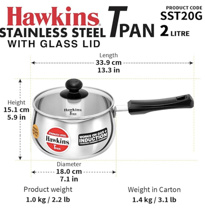 Hawkins 2 Litre Tpan, Stainless Steel Tea Pan with Glass Lid, Induction Sauce Pan, Chai Pan, Saucepan, Silver (SST20G)