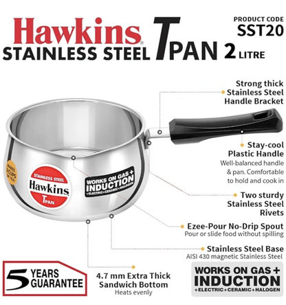 Hawkins 2 Litre Tpan, Stainless Steel Tea Pan, Induction Sauce Pan, Chai Pan, Saucepan, Silver (SST20)