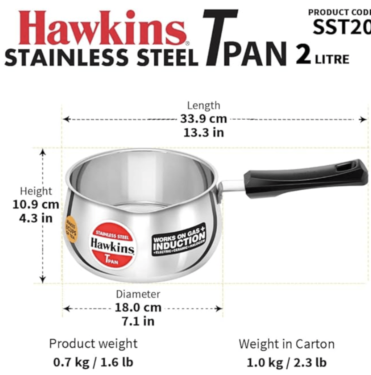 Hawkins 2 Litre Tpan, Stainless Steel Tea Pan, Induction Sauce Pan, Chai Pan, Saucepan, Silver (SST20)