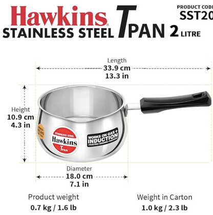 Hawkins 2 Litre Tpan, Stainless Steel Tea Pan, Induction Sauce Pan, Chai Pan, Saucepan, Silver (SST20)