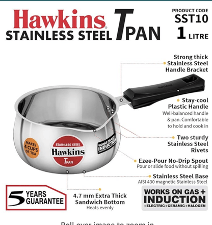 Hawkins 1 Litre Tpan, Stainless Steel Tea Pan, Induction Sauce Pan, Chai Pan, Small Pan, Silver (SST10)