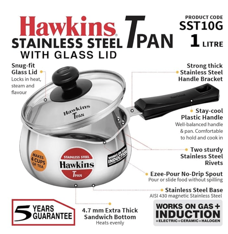 Hawkins 1 Litre Tpan, Stainless Steel Tea Pan with Glass Lid, Induction Sauce Pan, Chai Pan, Small Pan, Silver (SST10G)