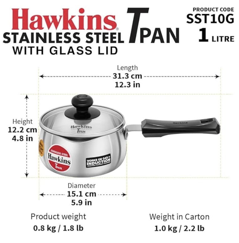 Hawkins 1 Litre Tpan, Stainless Steel Tea Pan with Glass Lid, Induction Sauce Pan, Chai Pan, Small Pan, Silver (SST10G)-4