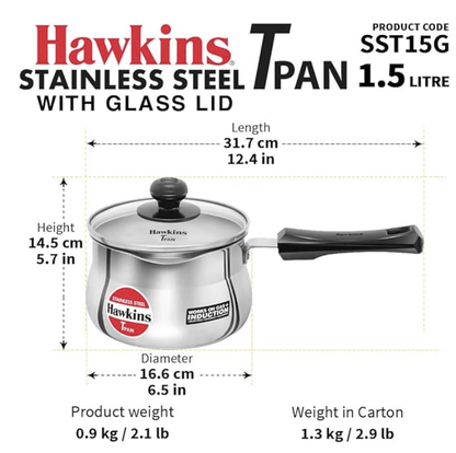 हॉकिन्स स्टेनलेस स्टील टीपैन 1.5L ग्लास ढक्कन के साथ 