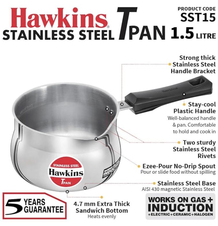 Hawkins 1.5 Litre Tpan, Stainless Steel Tea Pan, Induction Sauce Pan, Chai Pan, Saucepan, Silver (SST15)