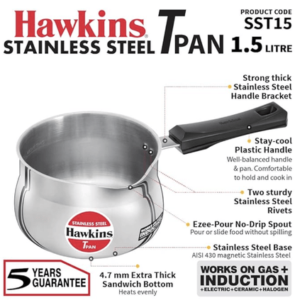 Hawkins 1.5 Litre Tpan, Stainless Steel Tea Pan, Induction Sauce Pan, Chai Pan, Saucepan, Silver (SST15)