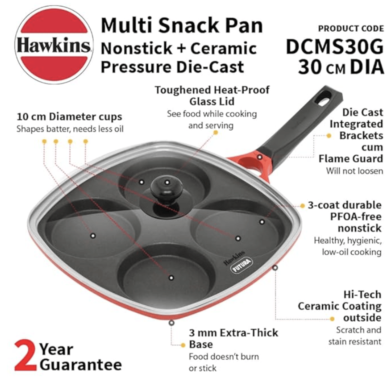Hawkins 30 cm Die-Cast Multi Snack Pan with Glass Lid, Nonstick Mini Uttapam Tawa, Pancake Pan, Red (DCMS30G)
