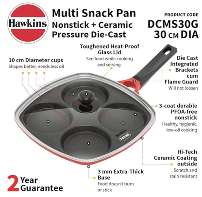 Hawkins 30 cm Die-Cast Multi Snack Pan with Glass Lid, Nonstick Mini Uttapam Tawa, Pancake Pan, Red (DCMS30G)