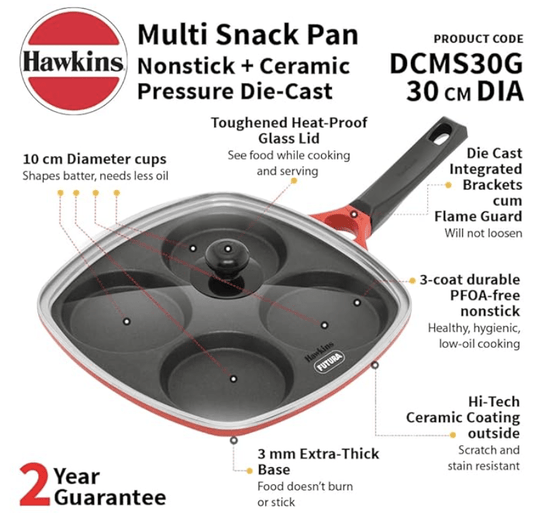 Hawkins 30 cm Die-Cast Multi Snack Pan with Glass Lid, Nonstick Mini Uttapam Tawa, Pancake Pan, Red (DCMS30G)