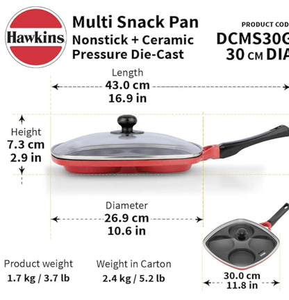 Hawkins 30 cm Die-Cast Multi Snack Pan with Glass Lid, Nonstick Mini Uttapam Tawa, Pancake Pan, Red (DCMS30G)