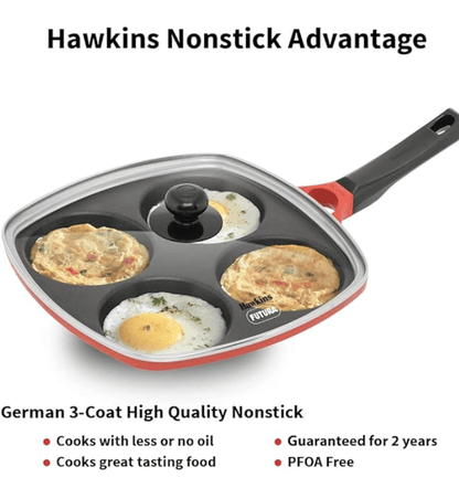 Hawkins 30 cm Die-Cast Multi Snack Pan with Glass Lid, Nonstick Mini Uttapam Tawa, Pancake Pan, Red (DCMS30G)
