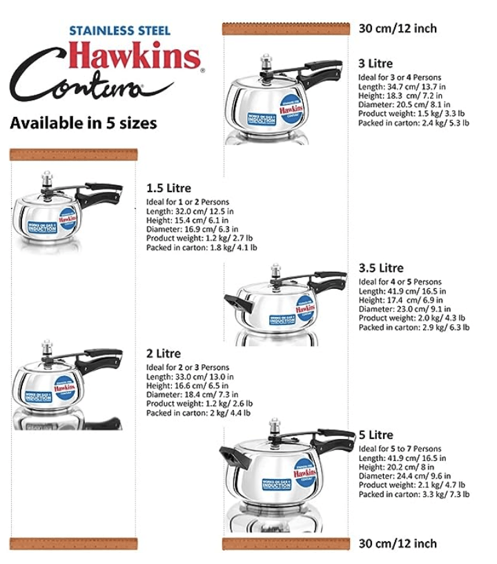 Hawkins 3.5 Litre Contura Pressure Cooker, Stainless Steel Inner Lid Cooker, Handi Cooker, Induction Cooker, Silver (SSC35)