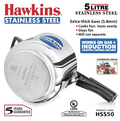 Hawkins 5 Litre Pressure Cooker, Stainless Steel Inner Lid Cooker, Induction Cooker, Silver (HSS50)