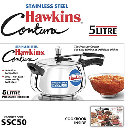 Hawkins Stainless Steel Contura Induction Compatible Pressure Cooker, 5 Litre, Silver (SSC50)