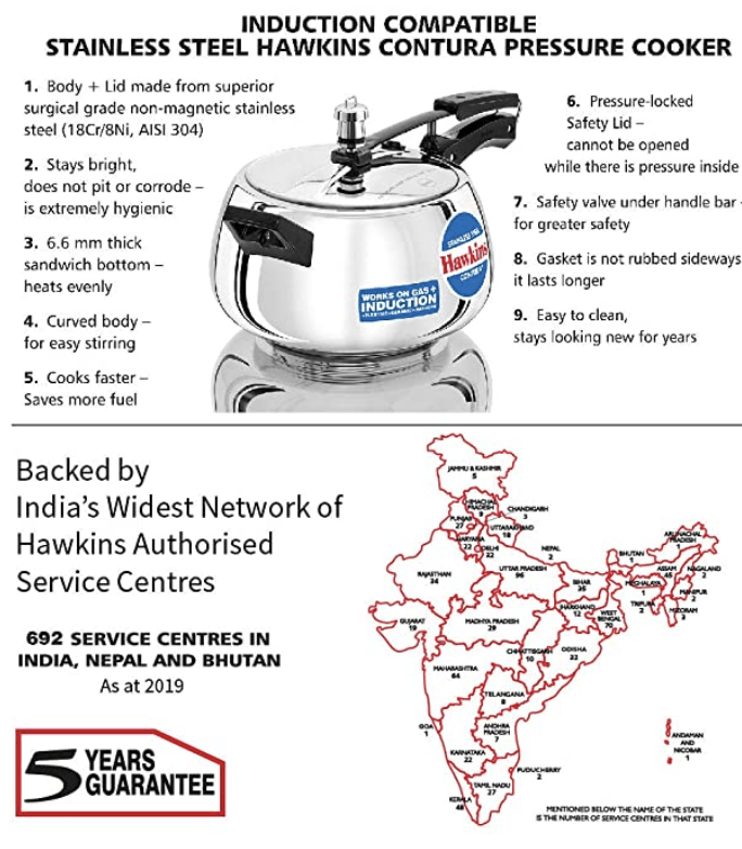 Hawkins Stainless Steel Contura Induction Compatible Pressure Cooker, 5 Litre, Silver (SSC50)