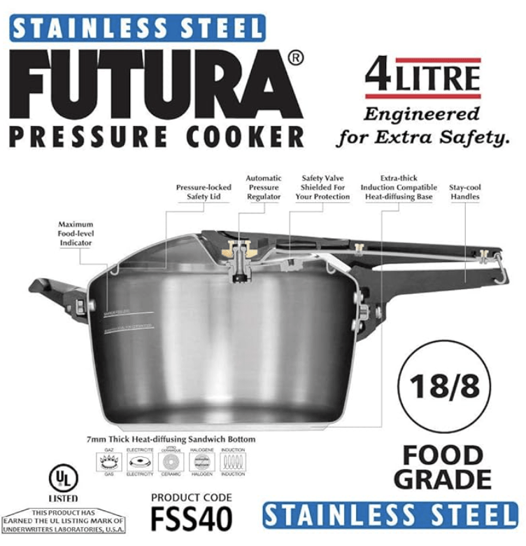 Futura Stainless Steel 4L Pressure Cooker Induction compatible