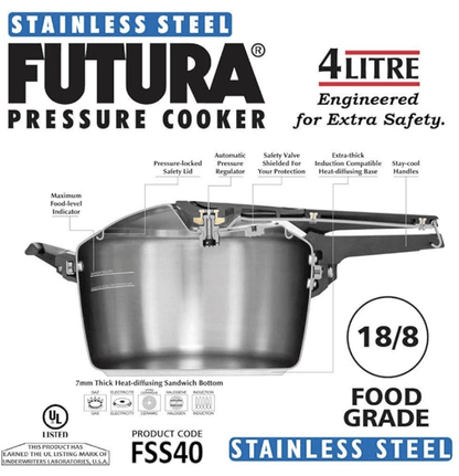Futura Stainless Steel 4L Pressure Cooker Induction compatible