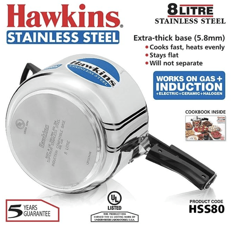 Hawkins Stainless Steel 8L Pressure Cooker with Induction Compatible