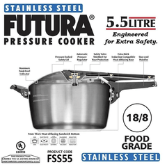 Hawkins Futura 5.5 Litre Inner Lid Pressure Cooker, Stainless Steel Cooker, Induction Cooker, Pan Cooker, Silver (FSS55)-4