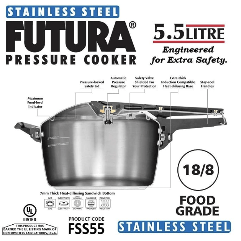 Hawkins Futura 5.5 Litre Inner Lid Pressure Cooker, Stainless Steel Cooker, Induction Cooker, Pan Cooker, Silver (FSS55)-4