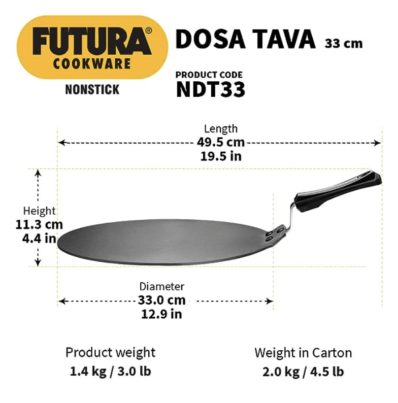 Hawkins Futura Nonstick Dosa Tava, Diameter 33 cm, Thickness 4.88 mm (Black) NDT33